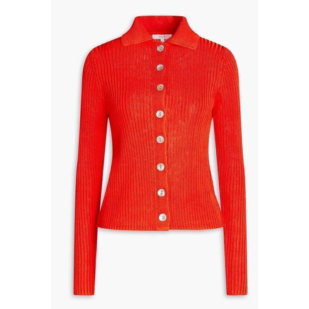 Vince Ribbed Collar Cardigan Sweater in Papaya NWT Size Medium